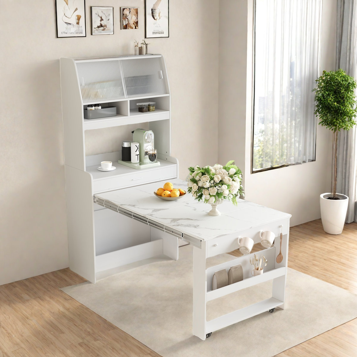 Ivy Bronx Buffet With Hutch And Foldable Dining Table, Storage Shelves, Side Hooks And A Cabinet ...
